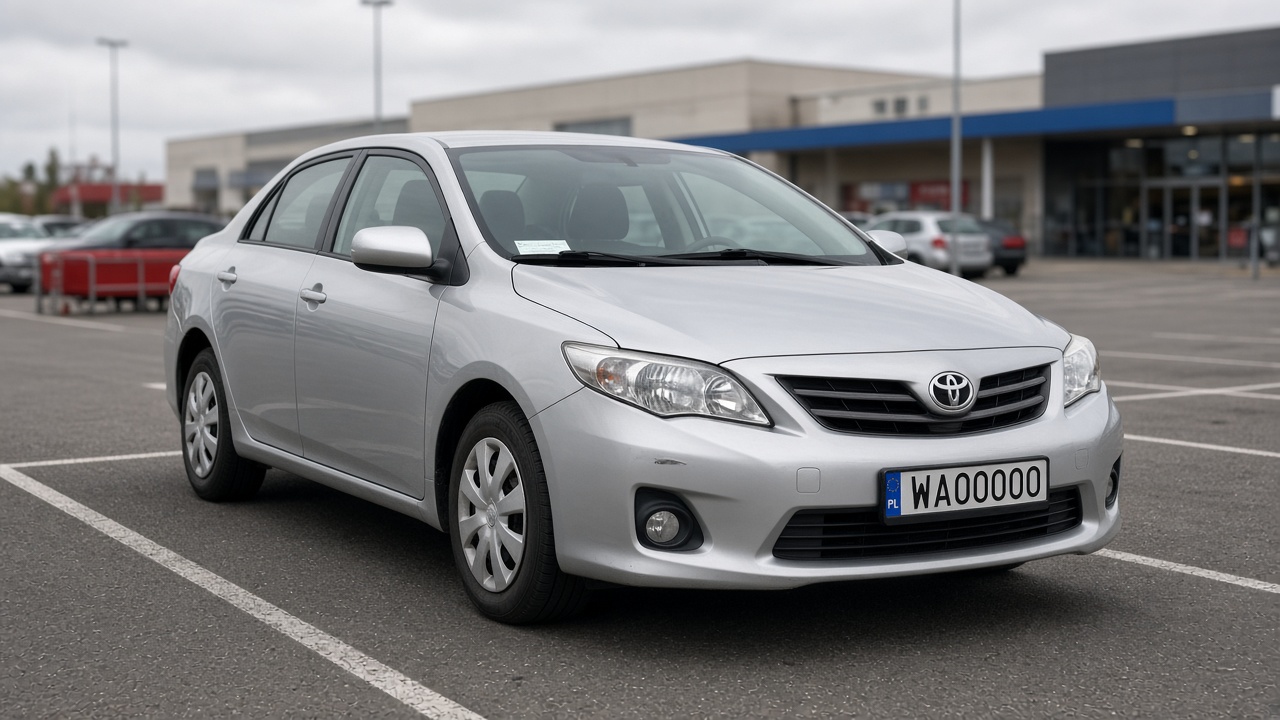 Srebrna Toyota Corolla z polską tablicą WA00000 na parkingu przy centrum handlowym, z lekkim otarciem zderzaka
